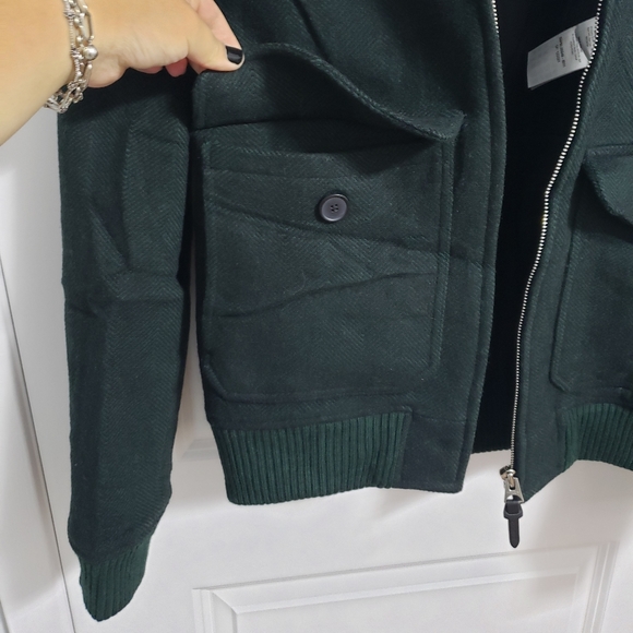 SANDRO Shearling Trim Collar Green Herringbone Wool Aviator Jacket - Picture 14 of 16